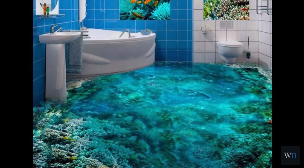 【3Dバスルーム】超クール！トイレの床に3Dの絵を描いて別世界に！！