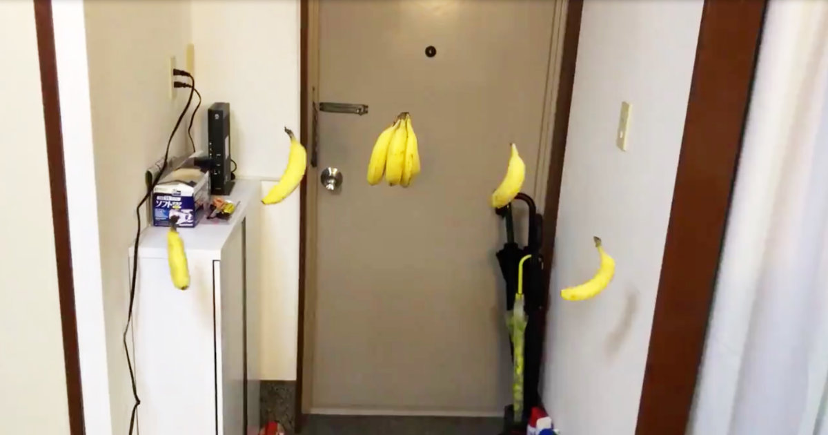 バナナを玄関に吊るしたら家がドンキーコングのステージになったと話題に！バナナの回転がリアルすぎ笑