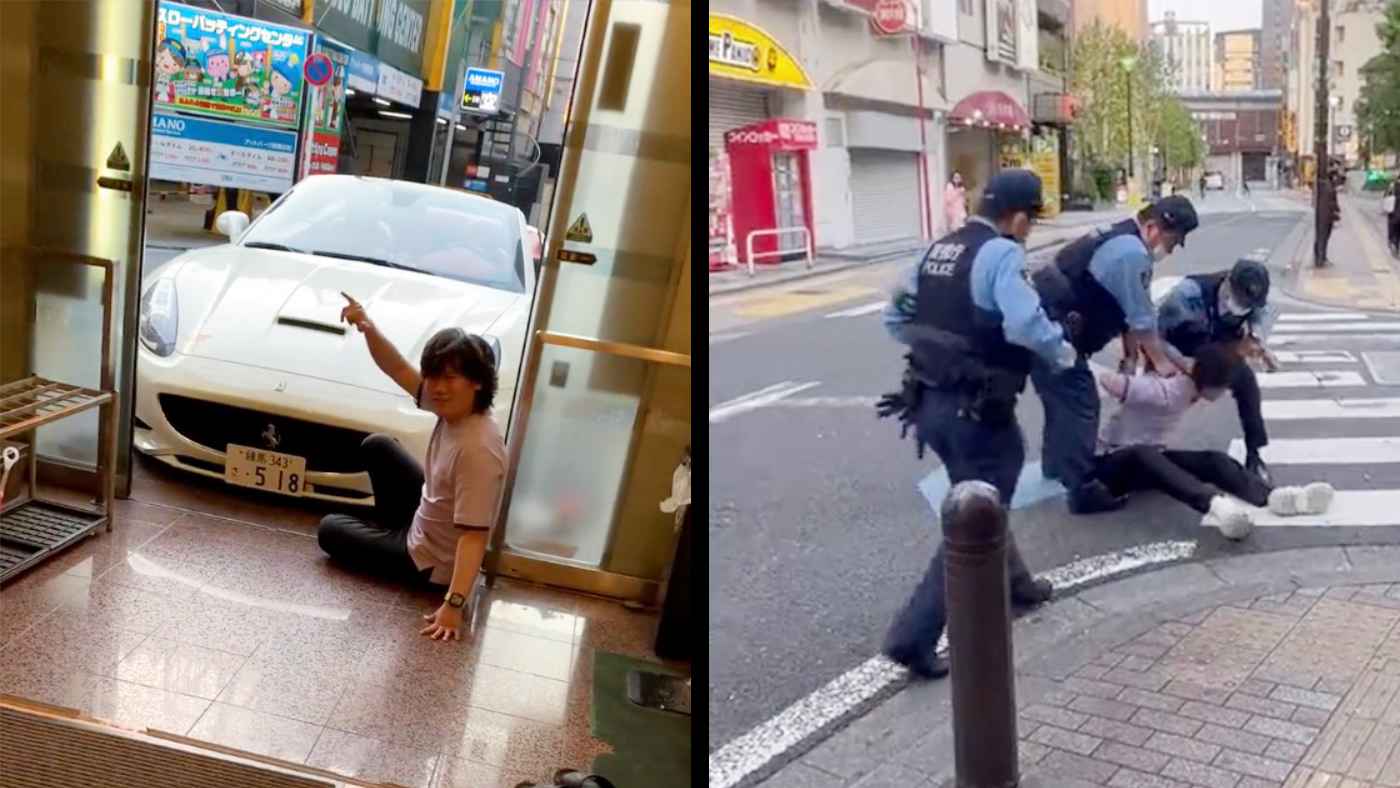 歌舞伎町でフェラーリが自損！運転の男性が警察に取り押さえられる！